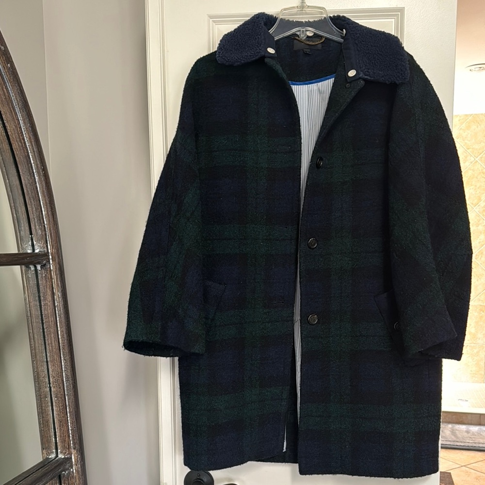 J. Crew Navy and Green Pea Coat with Classic Tartan Design